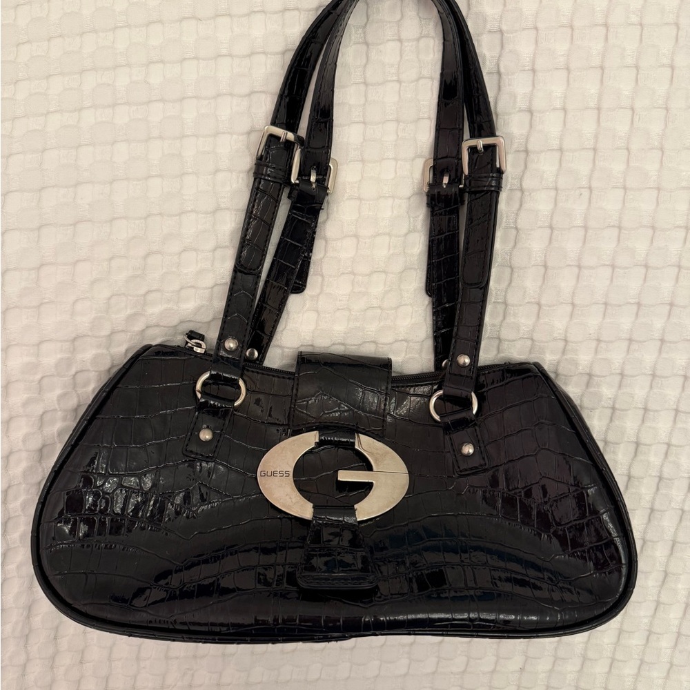 GUESS Vintage Black Croc Crocodile Embossed Women's Buckle Shoulder Bag